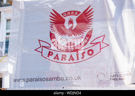 Paraiso Schule von Samba float Banner am Notting Hill Carnival abschließende Parade, London, UK Stockfoto