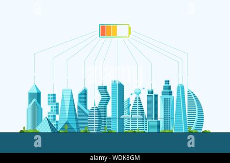 Future Smart Eco City Alternative Clean Sun Energy Konzept. Stadtlandschaft mit Solarbatterie-Ladestand. Futuristische mehrstöckige Cyberpunk Grafik Ökologie Stadt Haus Vektor flache Illustration Stock Vektor