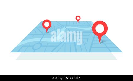 Stadtplan Plan mit Fluss GPS Ort Pins und Navigation Route von A nach B Punkt Markierungen. Vektor blaue Farbe perspektivische Ansicht isometrische Illustration Position Schema Stock Vektor