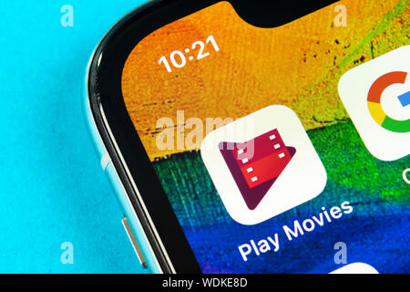 Helsinki, Finnland, 4. Mai: Google spiele Filme Symbol auf Apple iPhone X-close-up. Google spiele Filme App Symbol. Google spiele Filme appli Stockfoto