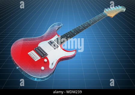Visualisierung 3D-CAD-Modell der E-Gitarre, Blaupause. 3D-Rendering Stockfoto