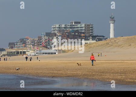 Walker auf der Nordsee strand von Egmond aan Zee, Nordholland, Niederlande, Promenade, Leuchtturm, Stockfoto