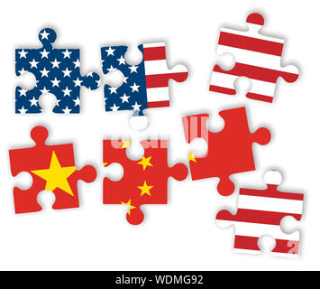 USA und China als Puzzle Stücke mit den Flaggen der Vereinigten Staaten von Amerika und China auf weißem Hintergrund. Handelskrieg Konzept. Stockfoto