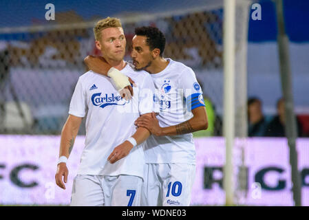 RIGA, Lettland. 29 Aug, 2019. Viktor Fischer (L) und Zeca (R) UEFA Europa League Play-off 2. bein Fußball-Spiel zwischen Team und Team RIGA FC København. Skonto Stadion, Riga. Credit: gints Ivuskans/Alamy leben Nachrichten Stockfoto