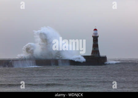 Sehr große Welle schlagen, das Meer Wand während einer Sturmflut in Sunderland, Tyne und Wear, England, Großbritannien Stockfoto