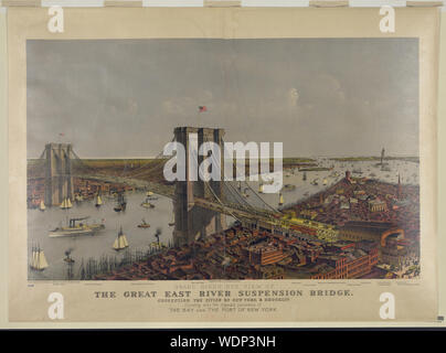 Grand Vögel Auge Ansicht der Großen East River suspension Brücke verbindet die Städte New York und Brooklyn: Zeigt auch das herrliche Panorama auf die Bucht und den Hafen von New York. Abstract / Medium: 1 Print: chromolithograph 70 x 95 cm (Blatt) Stockfoto