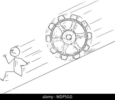 Vektor cartoon Strichmännchen Zeichnen konzeptionelle Darstellung der Mann oder Geschäftsmann Weg bergab laufen von Big rolling Cog wheel. Stock Vektor