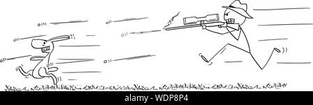 Vektor cartoon Strichmännchen Zeichnen konzeptionelle Darstellung der Mann mit Gewehr oder Jäger läuft oder Jagen und Schießen auf Kaninchen oder Hasen oder jackrabbit. Stock Vektor