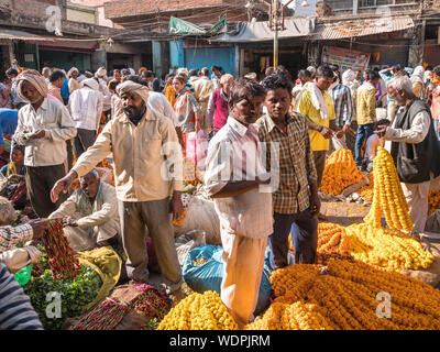 Bansphatak Blumenmarkt in Varanasi, Uttar Pradesh, Indien, Asien Stockfoto