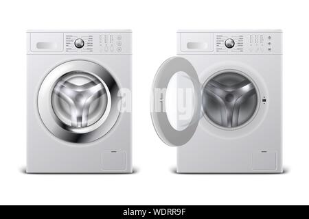 Vector 3d Realistische moderne weiße Stahl geschlossen und geöffnet Waschmaschine Icon Set Closeup isoliert auf weißem Hintergrund. Design Template von WACHER Stock Vektor
