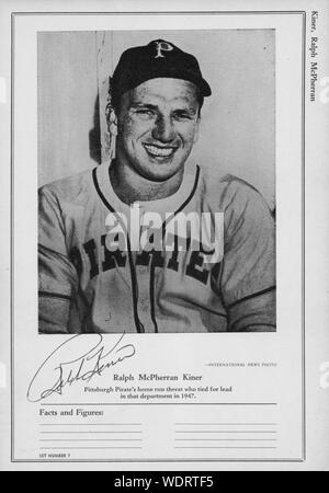 Autographiertes Foto der Hall of Fame Baseball spieler Ralph Kiner mit den Pittsburgh Pirates. Stockfoto