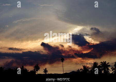 Silhouette der Kokospalme mit schwarz und orange Farbe flauschigen Wolke bei Sonnenuntergang, weiße Zuckerwatte Wolken auf die tropischen blauen Himmel bei Nacht, Thailand Stockfoto