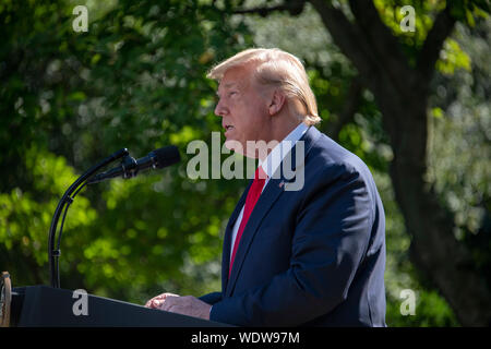 Washington DC, USA. 29 Aug, 2019. Präsidenten der Vereinigten Staaten Donald J. Trumpf macht die Erläuterungen sind wie er das US Space Command im Rosengarten des Weißen Hauses in Washington, DC am Donnerstag, 29. August 2019 legt. Der Befehl wird die Führung der militärischen Agentur werden für die Planung und Ausführung von Space Operations und wird ein Schritt sein in Richtung auf die Schaffung einer Space Force als neuen militärischen Service. Credit: Ron Sachs/Pool über CNP/MediaPunch Credit: MediaPunch Inc/Alamy leben Nachrichten Stockfoto