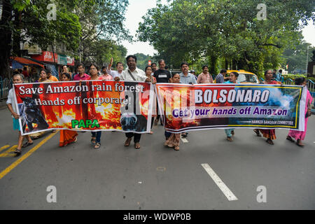 Kolkata, Indien. 29 Aug, 2019. Die Demonstranten halten Banner während des Protestes gegen die verheerenden Wild Fire in Amazon und Hervorhebung Bedenken über die Kontrolle der Politik durch die brasilianische Präsident Jair Bolsonaro Messias. Den tobenden Feuer, brennende massive erstreckt sich der Amazonas Regenwald, bis August 2019 intensiviert haben das Leben der Volk bedroht. Unter den 80000 Brände in diesem Jahr bisher, dies wird protokolliert die tödlichste werden durch das Nationale Institut für Weltraumforschung (INPE). Credit: SOPA Images Limited/Alamy leben Nachrichten Stockfoto