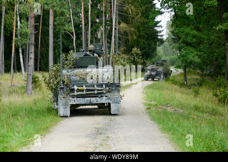 Us-fallschirmjäger Zur 1. Staffel zugewiesen, 91st Cavalry Regiment, 173Rd Airborne Brigade, an einer live fire Übung an der 7th Army Training Befehl Grafenwöhr Training Area, 26. August 2019. (U.S. Armee Foto von Pfc. David Wiggins) Stockfoto