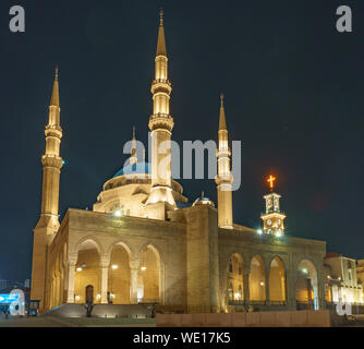 Mohammad Al Amin Moschee bei Nacht in Beirut, Libanon Stockfoto