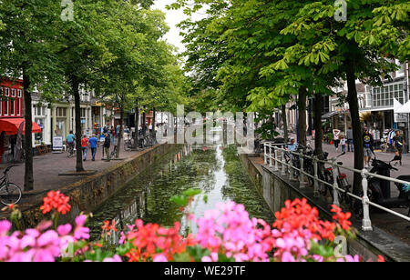 Delft, Niederlande - 2019.08.09: Menschen flanieren auf hippolytusbuurt entlang zuidergracht Stockfoto