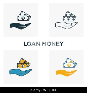 Darlehen Geld Icon Set. Vier Elemente in verschiedenen Stilrichtungen von Business Management icons Collection. Kreative Darlehen Geld Icons, Outline, farbig Stock Vektor
