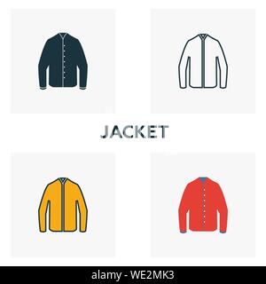 Jacke Icon Set. Vier Elemente in verschiedenen Stilrichtungen von Kleidung icons Collection. Kreative jacke Icons, Outline, Farben und Symbole Stock Vektor