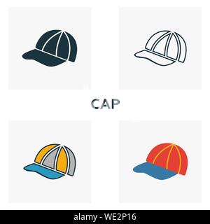 Cap Icon Set. Vier Elemente in verschiedenen Stilrichtungen von Kleidung icons Collection. Kreative Kappe Icons, Outline, Farben und Symbole Stock Vektor