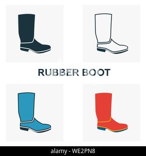 Gummistiefel Icon Set. Vier Elemente in verschiedenen Stilrichtungen von Kleidung icons Collection. Kreative Gummistiefel Icons, Outline, farbige und flach Stock Vektor