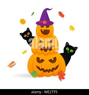 Stapel von Orange Halloween Kürbisse mit unheimlichen Gesichter Ausdruck Grimasse. Blätter im Herbst mit Hexe Hut und schwarzen Katzen hinter Flat Style Design Vector Stock Vektor