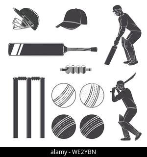 Satz von Cricket equipment silhouette Symbole. Vector Illustration. Set gehören Kricketschläger, Wicket, Kaution, Helm, Kugel und Batsmans. Ausstattung Symbole für sportliche Aktivität. Stock Vektor