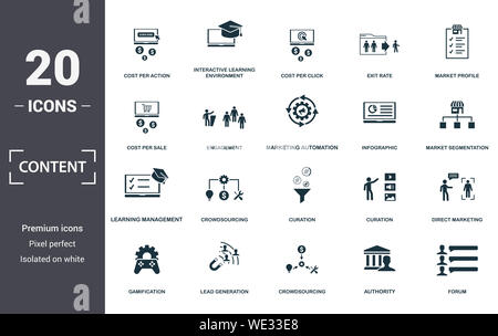 Symbol "Inhalt gesetzt. Gefüllt flachbild Kosten pro Aktion, Kosten pro Verkauf, Crowdsourcing, kuration, Engagement, Forum, infografik Symbole. Bearbeitbaren Format Stockfoto