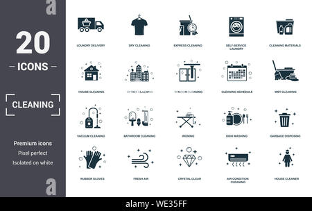 Reinigungsset icons Collection. Enthält einfache Elemente wie Wäsche, Reinigung, Express Reinigung, Self-Service Wäscherei, Reinigung Stockfoto