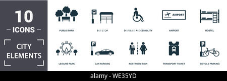 Stadt Elemente Symbol gesetzt. Gefüllt Flachbild deaktiviert Zugänglichkeit, öffentlichen Park, Flughafen, Parkplatz, die Straße Kamera, Food Court, Electric Car Station Stockfoto