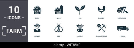 Bauernhof Icon Set. Gefüllt flachen Graben Tools, Harvester, Lkw, Huhn, Biene, eco Symbole. Bearbeitbaren Format Stockfoto