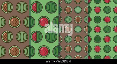 Satz von vier nahtlose Muster mit Wassermelonen in einem Stil. Bunte Illustrationen, eps 10. Freistellungsmaske angewendet. Stock Vektor
