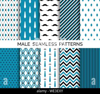 Der Vektor nahtlose männliche Muster. Verpackung Papier, Tapeten, Mode print Design. Blau, Weiß und Schwarz Stock Vektor