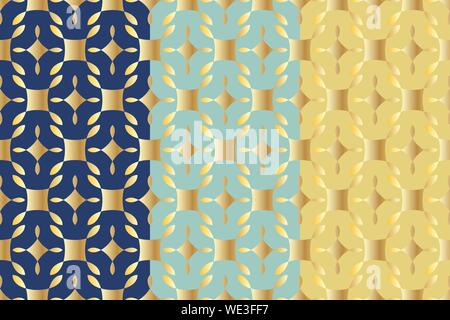 Satz von drei nahtlose Muster mit bestellt Anordnung der abstrakten geometrischen Formen. Vector EPS 10. Freistellungsmaske angewendet. Stock Vektor