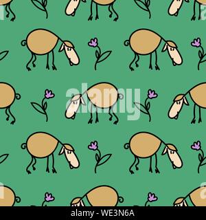 Nahtlose Muster mit Schafe auf der Wiese. Lustige Lamm. Vector EPS 10. Freistellungsmaske angewendet. Stock Vektor