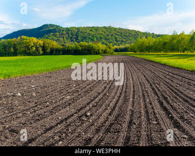 Frisch gepflügten Feldes im Frühjahr. Landwirtschaft auf dem Land in Pordenone, Italien Stockfoto