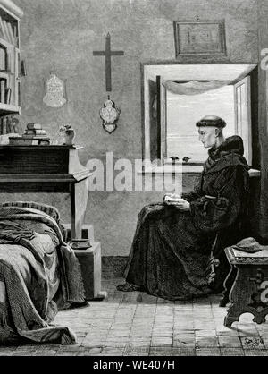 Ein Kapuziner Mönch in der Meditation. Gravur nach einem Gemälde von der Deutsch-englische Maler Rudolf Lehmann (1819-1905), mit dem Titel "Fra Beato". La Ilustracion Española y Americana, 30. November 1876. Stockfoto