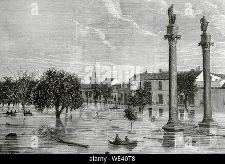 Spanien, Andalusien, Sevilla. Überschwemmungen in der Stadt. Überlauf des Guadalquivir. Der Alameda de Hercules am Morgen des 9. Dezember 1876. Kupferstich von E.Alba La Ilustracion Española y Americana, 22. Dezember 1876. Stockfoto