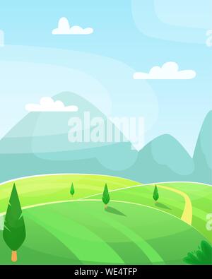 Flache Sommer Vektor cartoon Landschaft. Felder mit Bäumen und Bergen im Hintergrund. Himmel mit Wolken. Stock Vektor