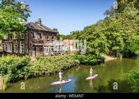 29. Juni 2019: Norwich, Norfolk, Großbritannien - Paar Paddle Boarding am Fluss Wensum, mit dem Red Lion Hotel im Hintergrund. Hellen Sommertag, viel Stockfoto