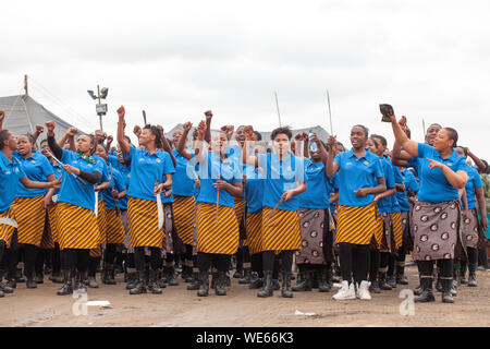 Mbabane, Swasiland - 31. August 2017: Umhlanga Reed Dance Zeremonie traditionelle Ritus Jungfrau, Mädchen mit großen Messern machete Gehe zu Feld Reed zu schneiden Stockfoto