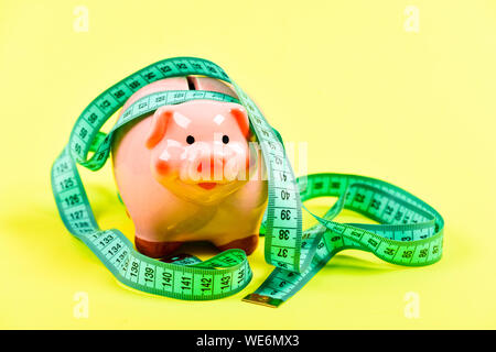 Pig trap. Haushalt Krise. Planung Budget. Business problem. Begrenzt oder eingeschränkt. Sparschwein und Maßband. Budget limit Konzept. Kredit Darlehen schulden. Financial Consulting. Wirtschaft und Finanzen. Stockfoto