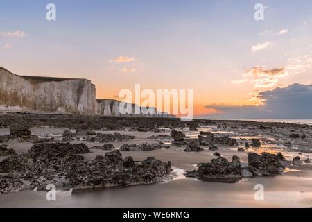 Frankreich, Somme, Ault, Dämmerung auf den Klippen bei Ault, der Ebbe entdeckt die kalkigen Plateau am Meer und die feuersteine, die die Kieselsteine werden gegessen Stockfoto