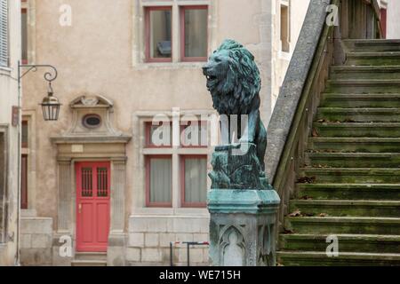 Frankreich, Meurthe et Moselle, Nancy, Altstadt, Skulptur eines Löwen auf der Treppe von Saint Epvre Basilika und die Fassade eines Hauses Stockfoto