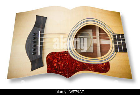 Holz- akustische Gitarre auf geöffnet Fotobuch auf weißem Hintergrund - ich bin der Urheber der Bilder in diesem 3D-Render verwendet. Stockfoto