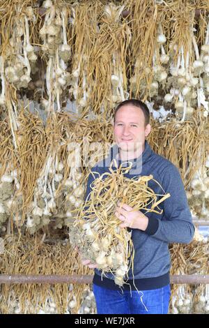 Frankreich, Tarn, Lautrec, Knoblauch Trockner, Gael Bardou Produzent und Präsident der Hersteller von rosa Knoblauch Lautrec (G.u. und Label Rouge) Stockfoto