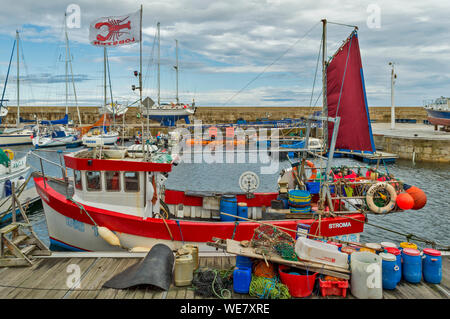 LOSSIEMOUTH Küste von Moray in Schottland die BRANDERBURGH HAFEN ODER MARINA mit STROMA Hummer und Krabben Fischen Boot Stockfoto