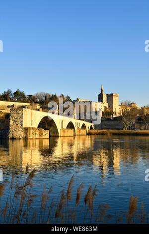 Frankreich, Vaucluse, Avignon, Saint Benezet Brücke auf der Rhone aus dem 12. Jahrhundert mit im Hintergrund Dom Der Dom aus dem 12. Jahrhundert und den Päpstlichen Palast der UNESCO Weltkulturerbe Stockfoto