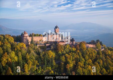 Frankreich, Bas Rhin, Orschwiller, Elsass Wein Straße, Haut Koenigsbourg Schloss (Luftbild) Stockfoto