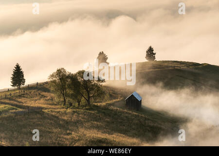 Sommer Landschaft des Bergdorfes in der Bukowina. Schönen Sonnenaufgang am Waldrand. Luftaufnahme über dem Bergdorf in Rumänien Stockfoto